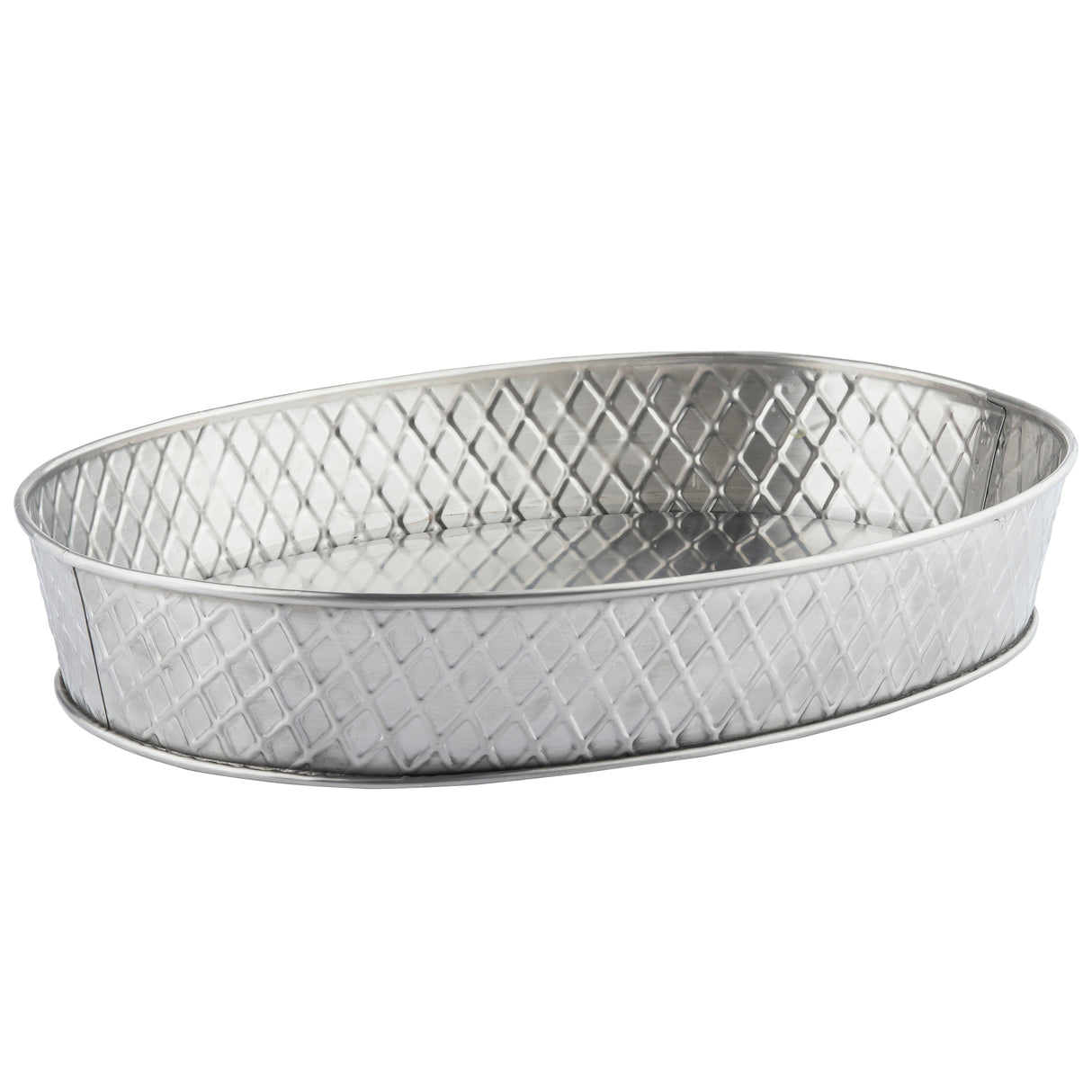 A silver, oval-shaped stainless steel platter with a raised edge and a diamond-patterned, textured exterior. The interior is smooth with a reflective finish. This modern Lattice Collection platter is both functional and stylish for any setting.