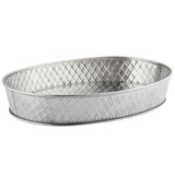 A silver, oval-shaped stainless steel platter with a raised edge and a diamond-patterned, textured exterior. The interior is smooth with a reflective finish. This modern Lattice Collection platter is both functional and stylish for any setting.