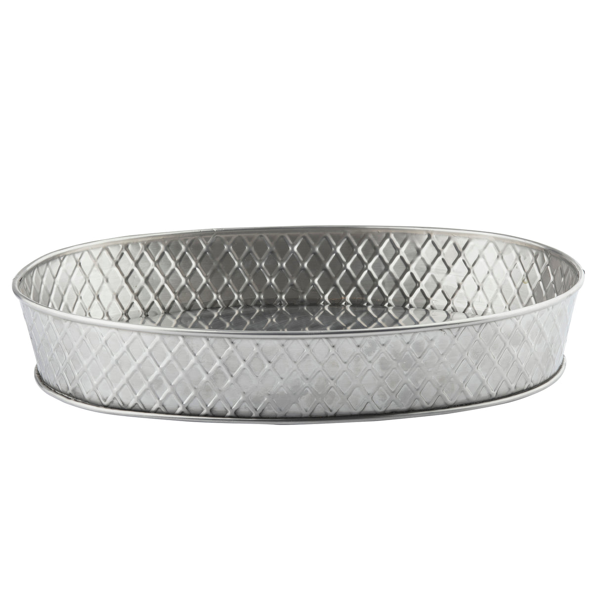 A shallow, oval-shaped stainless steel platter with a raised rim and a diamond-patterned, textured surface. Silver in color with a simple, industrial design, this Lattice Collection platter stands out against the plain white background.