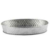 A shallow, oval-shaped stainless steel platter with a raised rim and a diamond-patterned, textured surface. Silver in color with a simple, industrial design, this Lattice Collection platter stands out against the plain white background.