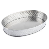 A shiny, oval-shaped stainless steel platter with a diamond-patterned texture on its sides. The tray has a smooth, flat base and raised edges, making this Lattice Collection platter ideal for serving or organizing items in style.