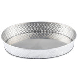 A round, shallow stainless steel platter with a smooth flat base and diamond-patterned sides. The tray has a simple, reflective finish with no handles or embellishments, ideal for stylish serving.
