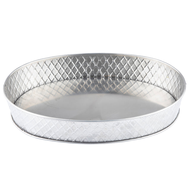 A round, shallow stainless steel platter with a smooth flat base and diamond-patterned sides. The tray has a simple, reflective finish with no handles or embellishments, ideal for stylish serving.