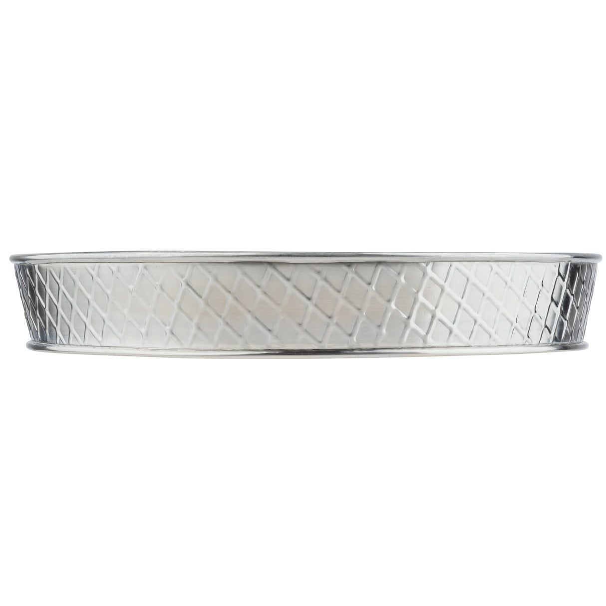 A round, shallow stainless steel platter from the Lattice Collection, featuring a diamond-patterned mesh design on the sides and a smooth, solid base. The TableCraft platter is shown from the side against a white background.