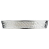 A round, shallow stainless steel platter from the Lattice Collection, featuring a diamond-patterned mesh design on the sides and a smooth, solid base. The TableCraft platter is shown from the side against a white background.