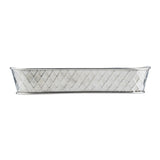 A rectangular, silver-colored stainless steel platter from the TableCraft Lattice Collection, featuring a diamond-patterned texture on the sides and slightly curved, raised edges, shown from a side view against a white background.
