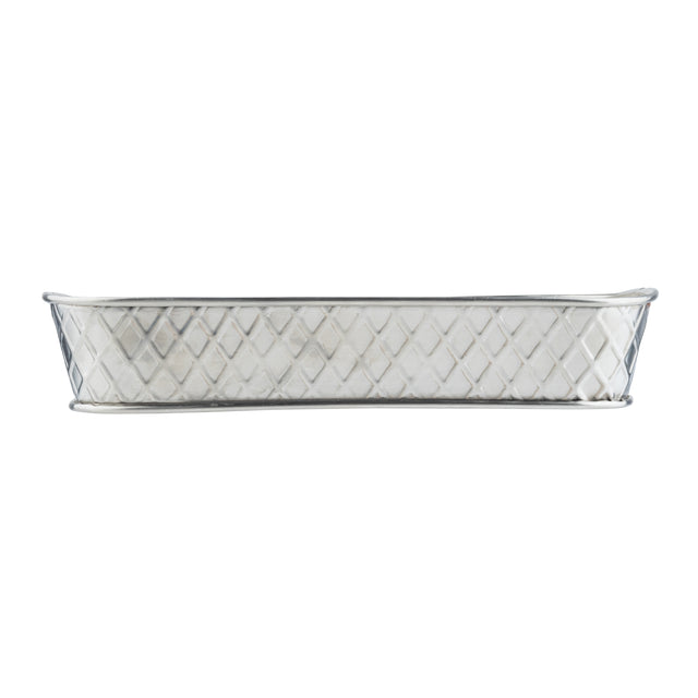 A rectangular, silver-colored stainless steel platter from the TableCraft Lattice Collection, featuring a diamond-patterned texture on the sides and slightly curved, raised edges, shown from a side view against a white background.