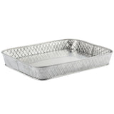 A rectangular, shallow metal baking pan with rounded corners and a diamond-patterned, textured exterior from the TableCraft Products Lattice Collection Platter. Its shiny silver finish and smooth interior contrast beautifully with the patterned outer sides.