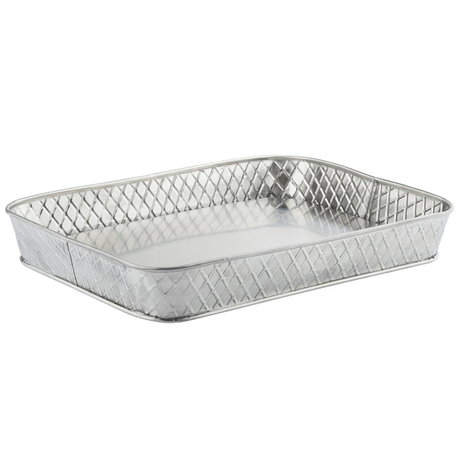 A rectangular, shallow metal baking pan with rounded corners and a diamond-patterned, textured exterior from the TableCraft Products Lattice Collection Platter. Its shiny silver finish and smooth interior contrast beautifully with the patterned outer sides.
