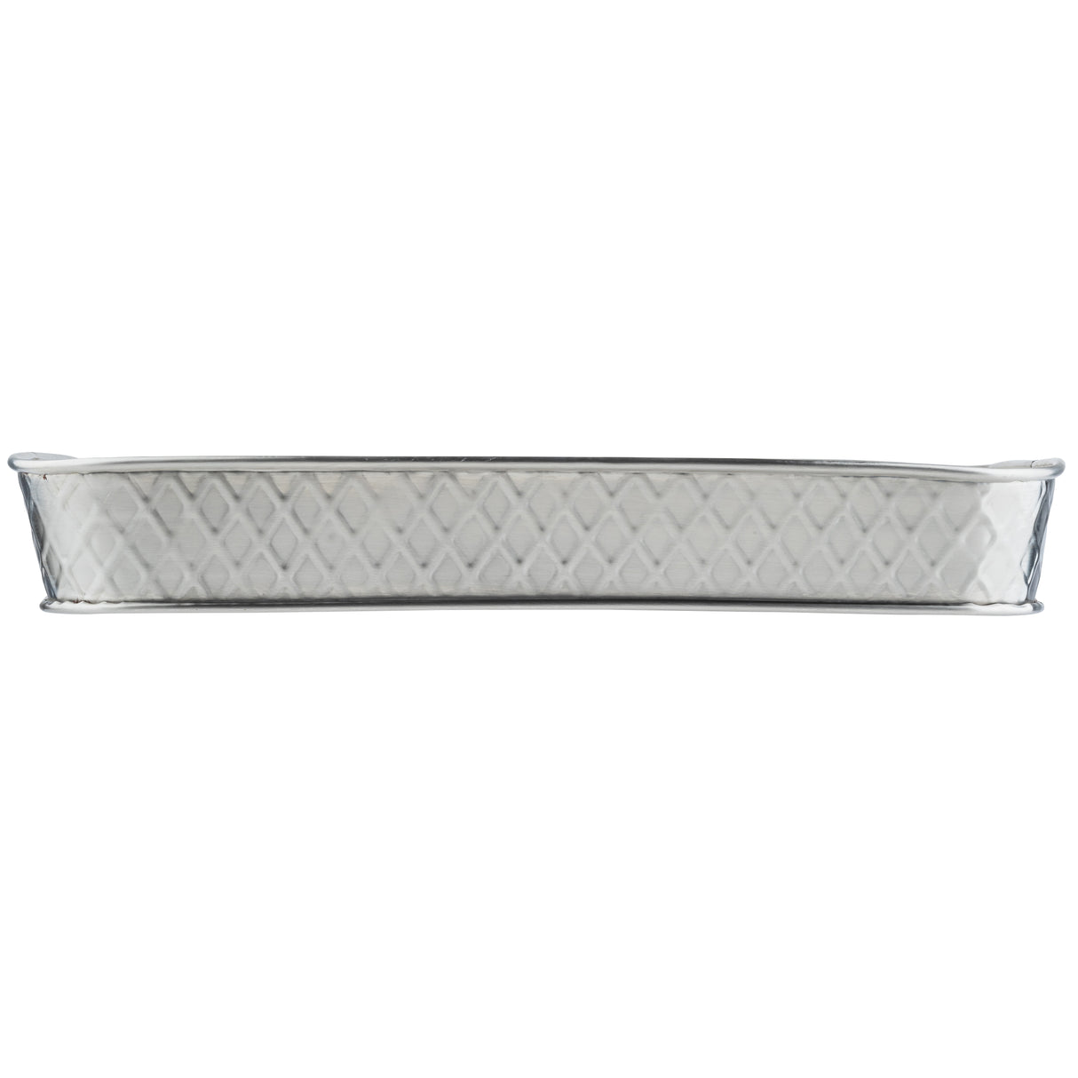 A rectangular stainless steel platter with slightly raised, curved edges and a diamond-patterned texture along the sides. The tray is viewed from the side, highlighting its slim profile and geometric detailing. Ideal for the Lattice Collection Platter line.