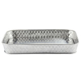 A rectangular, shallow, silver aluminum baking pan with raised, diamond-patterned sides inspired by the Lattice Collection Platter. The smooth, reflective surface and flat base evoke the style of TableCraft Products. Pan is empty on a white background.