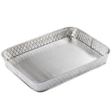 A rectangular, shallow, silver-colored Lattice Collection Platter from TableCraft Products features rounded corners and a diamond-patterned texture on its sides. The stainless steel platter has smooth edges and a reflective surface inside, set against a plain white background.