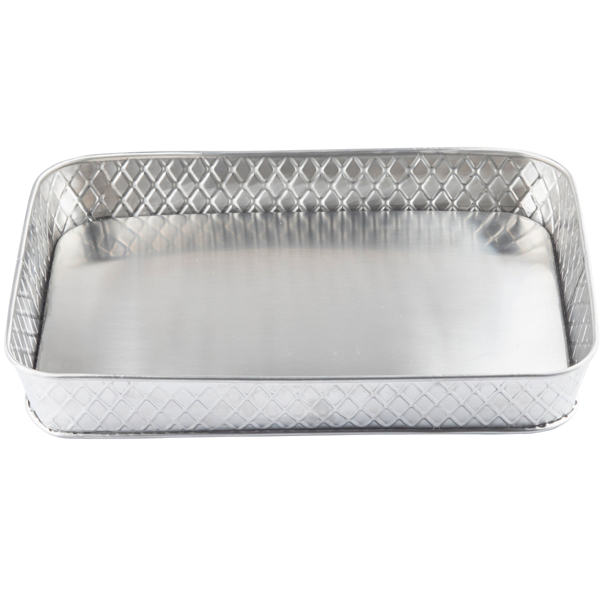 A rectangular, shallow aluminum tray with slightly rounded corners and raised edges. Part of the Lattice Collection Platter by TableCraft Products, it features diamond-patterned sides and a smooth, reflective base, photographed on a white background.