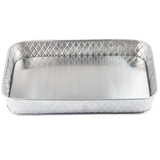 A rectangular, shallow aluminum tray with slightly rounded corners and raised edges. Part of the Lattice Collection Platter by TableCraft Products, it features diamond-patterned sides and a smooth, reflective base, photographed on a white background.