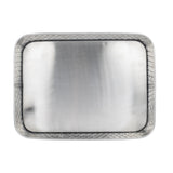 A rectangular stainless steel platter from the Lattice Collection Platter by TableCraft Products, featuring a smooth, reflective surface and diamond-patterned border. The tray’s slightly raised, rounded edges enhance its elegant look on a white background.