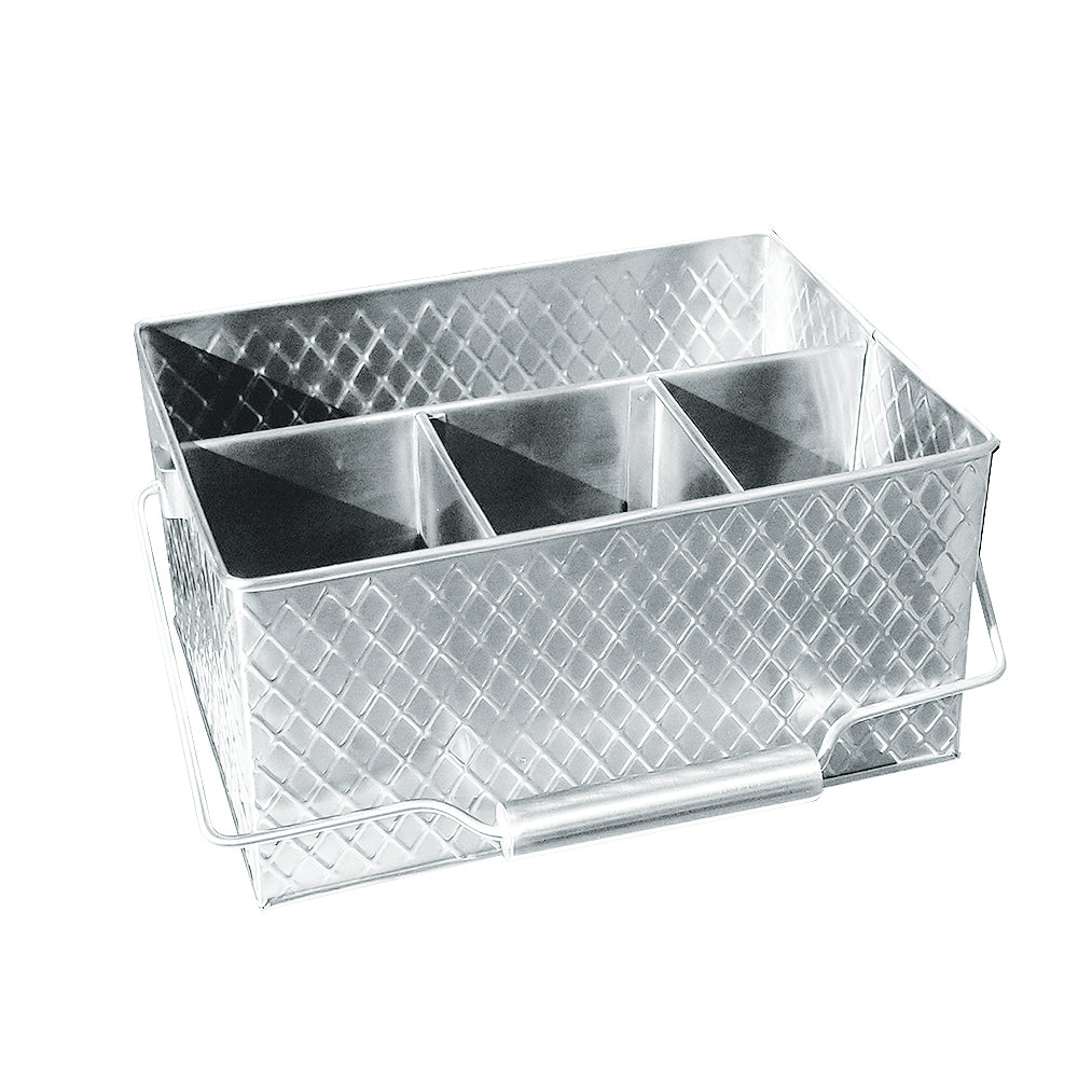 Rectangular silver stainless steel caddy from the TableCraft Products Lattice Collection, featuring a diamond-patterned texture and four compartments. It has a handle with a cylindrical grip and is shown on a white background.