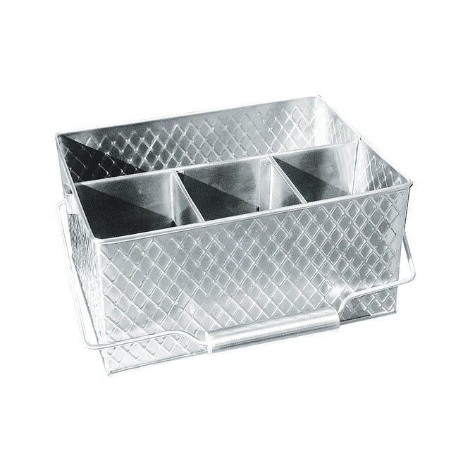 Rectangular silver stainless steel caddy from the TableCraft Products Lattice Collection, featuring a diamond-patterned texture and four compartments. It has a handle with a cylindrical grip and is shown on a white background.