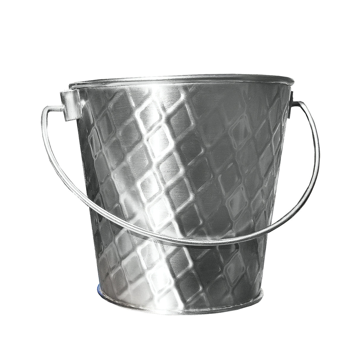 A shiny, silver stainless steel pail from the TableCraft Products Lattice Collection features a diamond-patterned texture and a curved handle attached near the rim, shown against a plain white background with its round, open top.