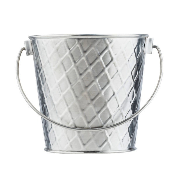 A small, shiny Lattice Collection Pail by TableCraft Products with a diamond-patterned texture and curved handle, photographed against a white background. The stainless steel pail appears clean and empty, with a slightly reflective surface.