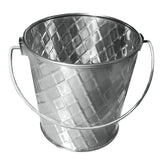 A silver stainless steel pail from the Lattice Collection by TableCraft Products, featuring a diamond-patterned texture and a thin, curved handle. This shiny bucket is empty and displayed against a plain white background.