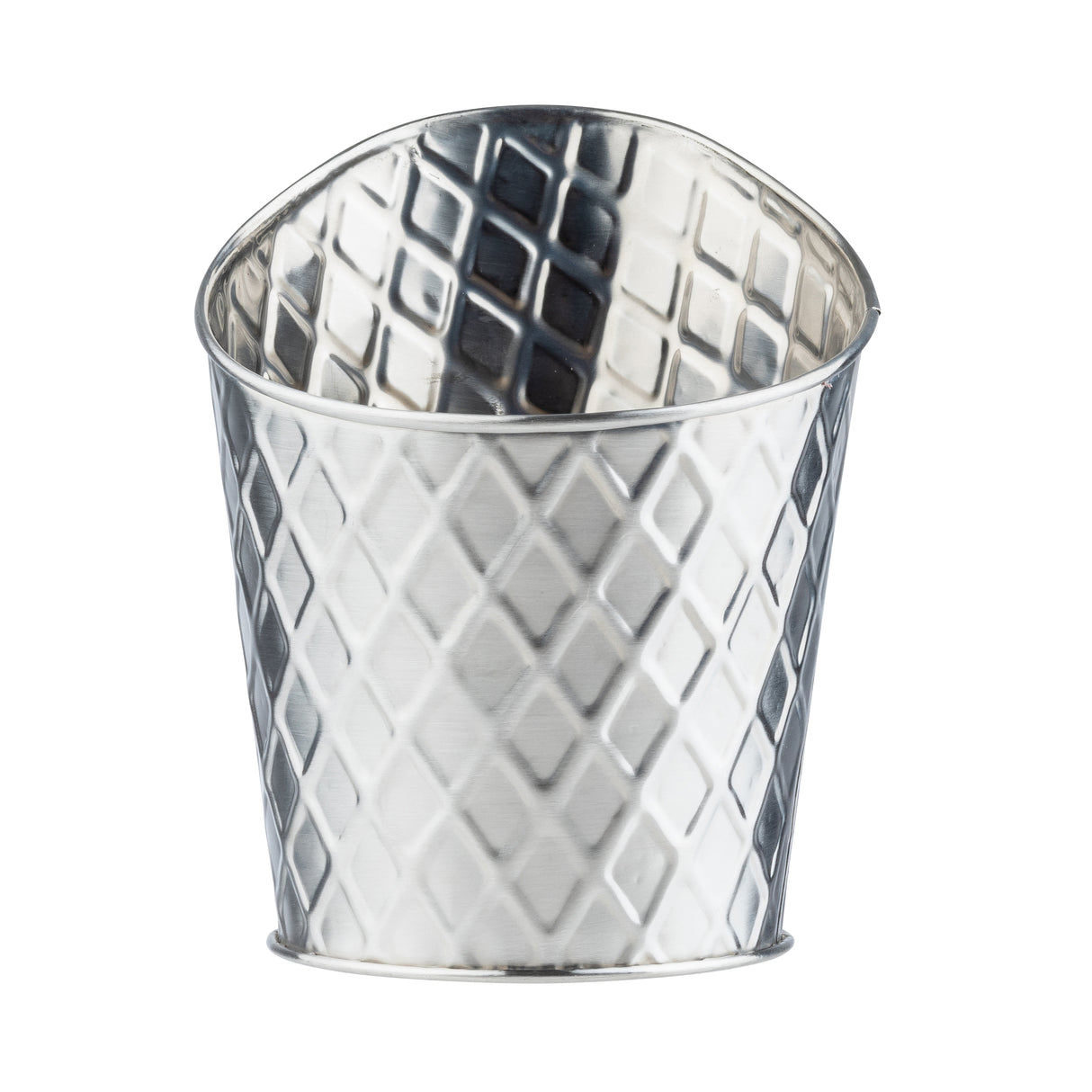 A shiny stainless steel bucket with a diamond-patterned texture. The empty, cylindrical fry cup features a slightly flared rim and belongs to the Lattice Collection, its reflective silver surface and embossed geometric design highlighted against a white background.