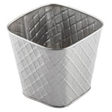 A square, stainless steel fry cup with rounded corners and a quilted diamond pattern on its exterior. This empty Lattice Collection Fry Cup by TableCraft Products is slightly tapered, wider at the top and narrower at the base.