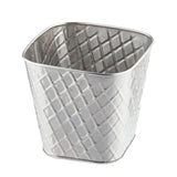 A square, silver metal container from the Lattice Collection Fry Cup by TableCraft Products features a diamond-patterned, textured surface. This stainless steel fry cup is empty, open at the top, and has slightly rounded corners against a white background.
