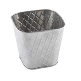 A silver metal trash can with a square opening and slightly rounded corners. The surface features a raised diamond pattern, reminiscent of the Lattice Collection Fry Cup by TableCraft Products. The can is empty against a plain white background.