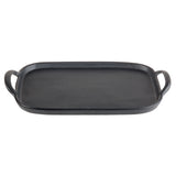 A rectangular black faux cast iron tray with two curved handles on opposite short sides. The flat, matte surface and slightly raised edges make it ideal for grilling, frying, or serving food as a rectangular serving tray.