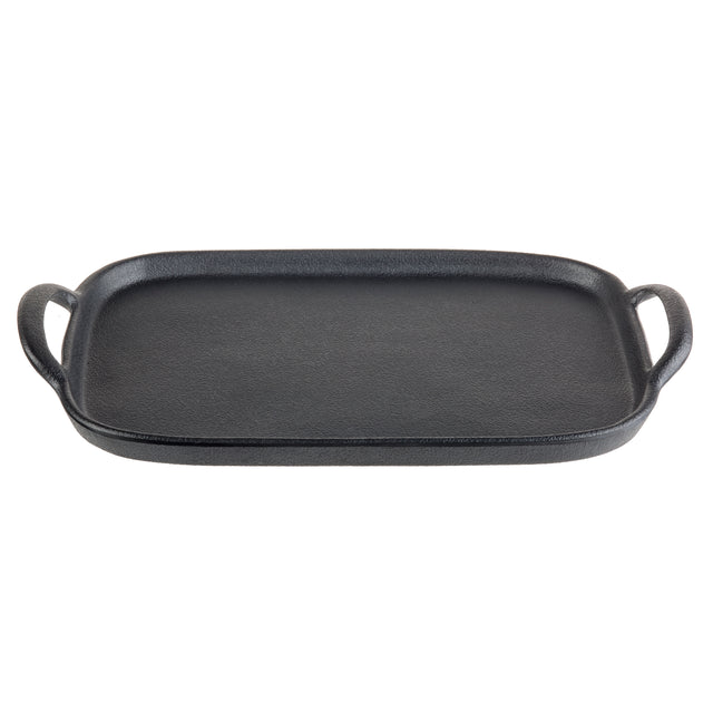 A rectangular black faux cast iron tray with two curved handles on opposite short sides. The flat, matte surface and slightly raised edges make it ideal for grilling, frying, or serving food as a rectangular serving tray.