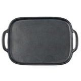 A rectangular black melamine tray with a textured, faux cast iron surface and rounded corners, featuring a handle on each short side, is photographed on a white background.