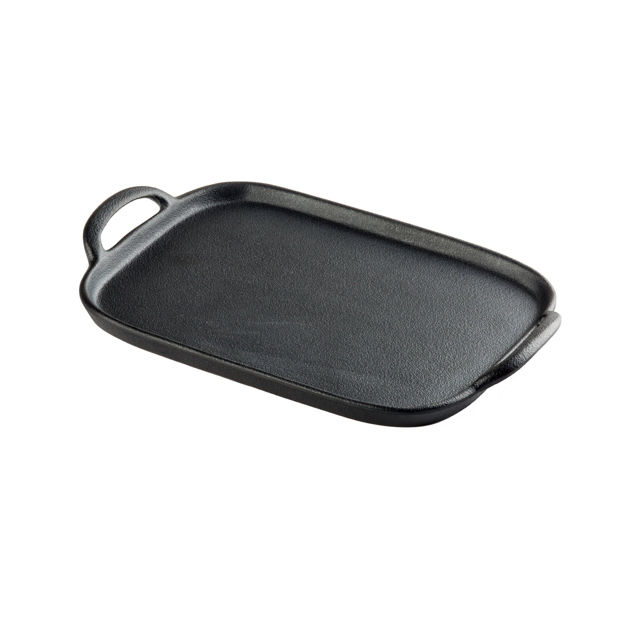 A rectangular black faux cast iron tray with two short handles on opposite sides. The griddle features slightly raised edges and a textured cooking surface, shown on a plain white background.