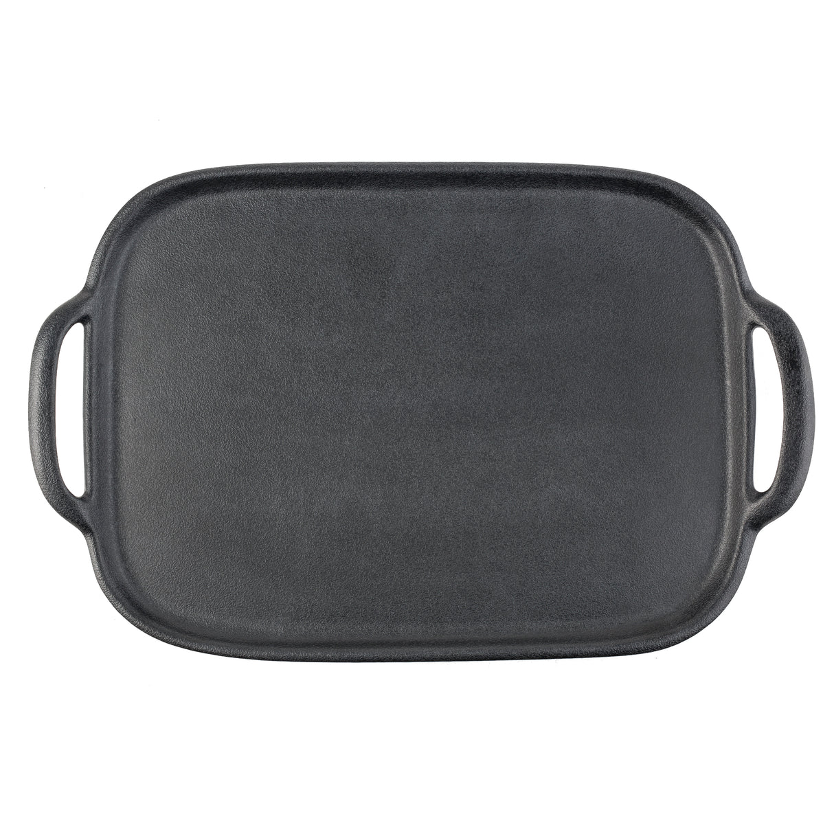 A rectangular, flat, black TableCraft tray with rounded edges and two large handles on opposite sides. The smooth, uncoated cooking surface is designed for stovetop or oven use. The image is taken from a top-down perspective on a white background.