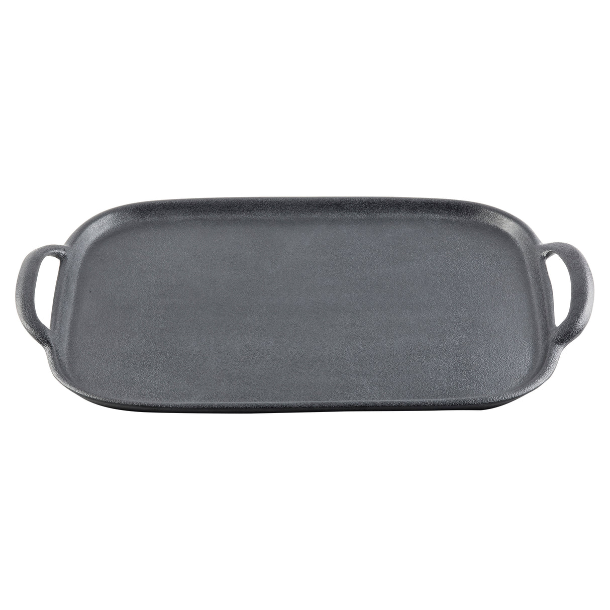 A rectangular cast iron griddle with a flat, textured cooking surface and slightly raised edges, featuring a handle on each side. Inspired by TableCraft tray designs, it’s black and suitable for stovetop or oven use.