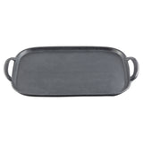 A rectangular cast iron griddle with a flat, textured cooking surface and slightly raised edges, featuring a handle on each side. Inspired by TableCraft tray designs, it’s black and suitable for stovetop or oven use.
