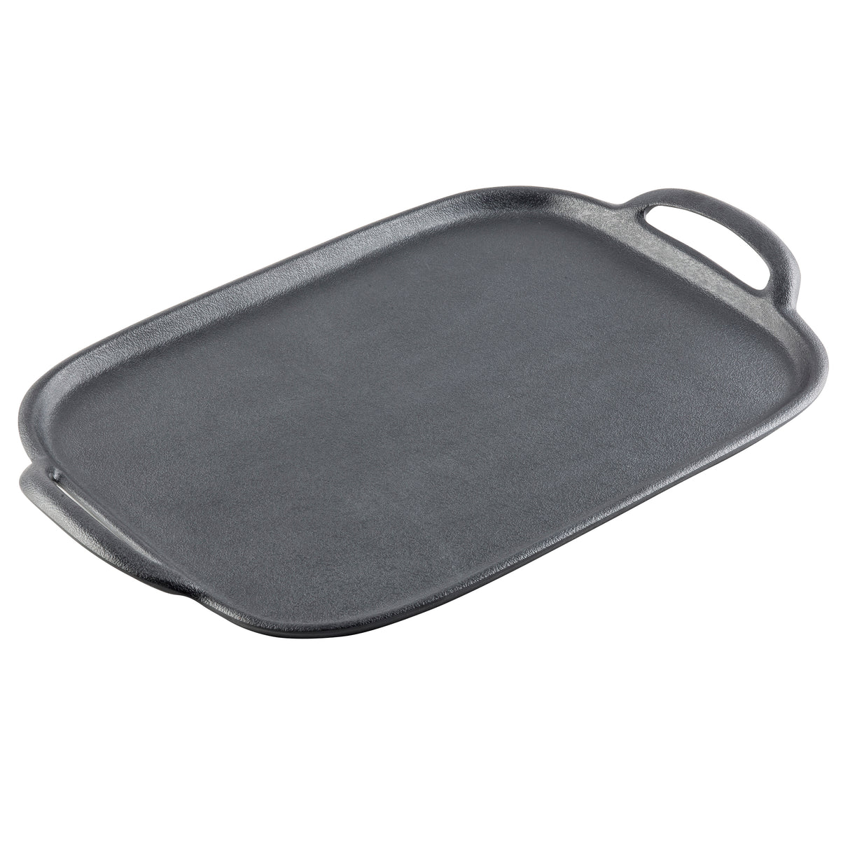 A rectangular, black TableCraft tray with slightly raised edges and two handles on opposite sides. The smooth, sturdy surface resembles cast iron, making it ideal for stovetop or oven cooking. The background is plain white.