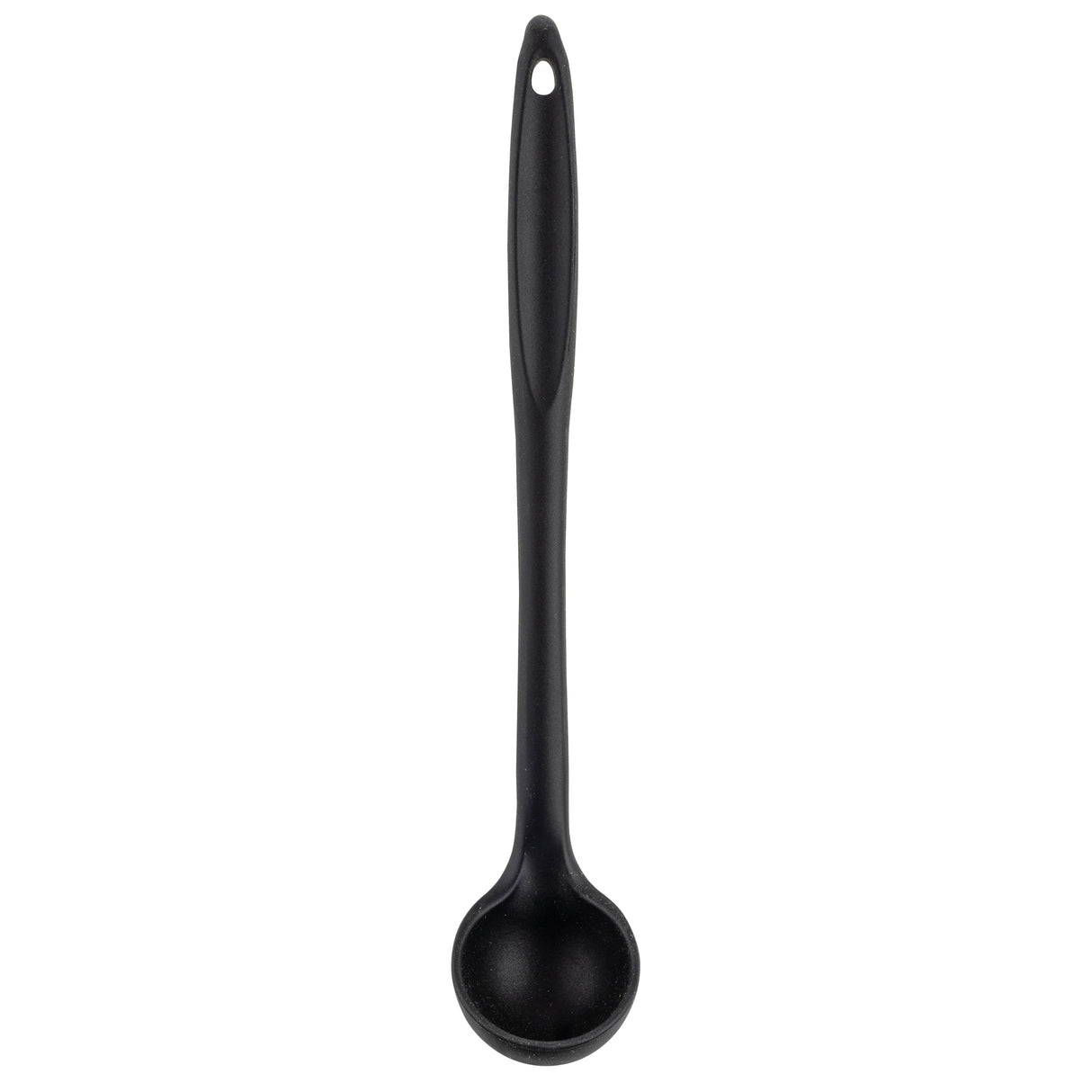 A black plastic ladle with a long, slightly curved silicone handle and a round, deep bowl. The handle features a small hole at the top for hanging. The ladle is photographed against a plain white background.
