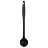 A black plastic ladle with a long, slightly curved silicone handle and a round, deep bowl. The handle features a small hole at the top for hanging. The ladle is photographed against a plain white background.