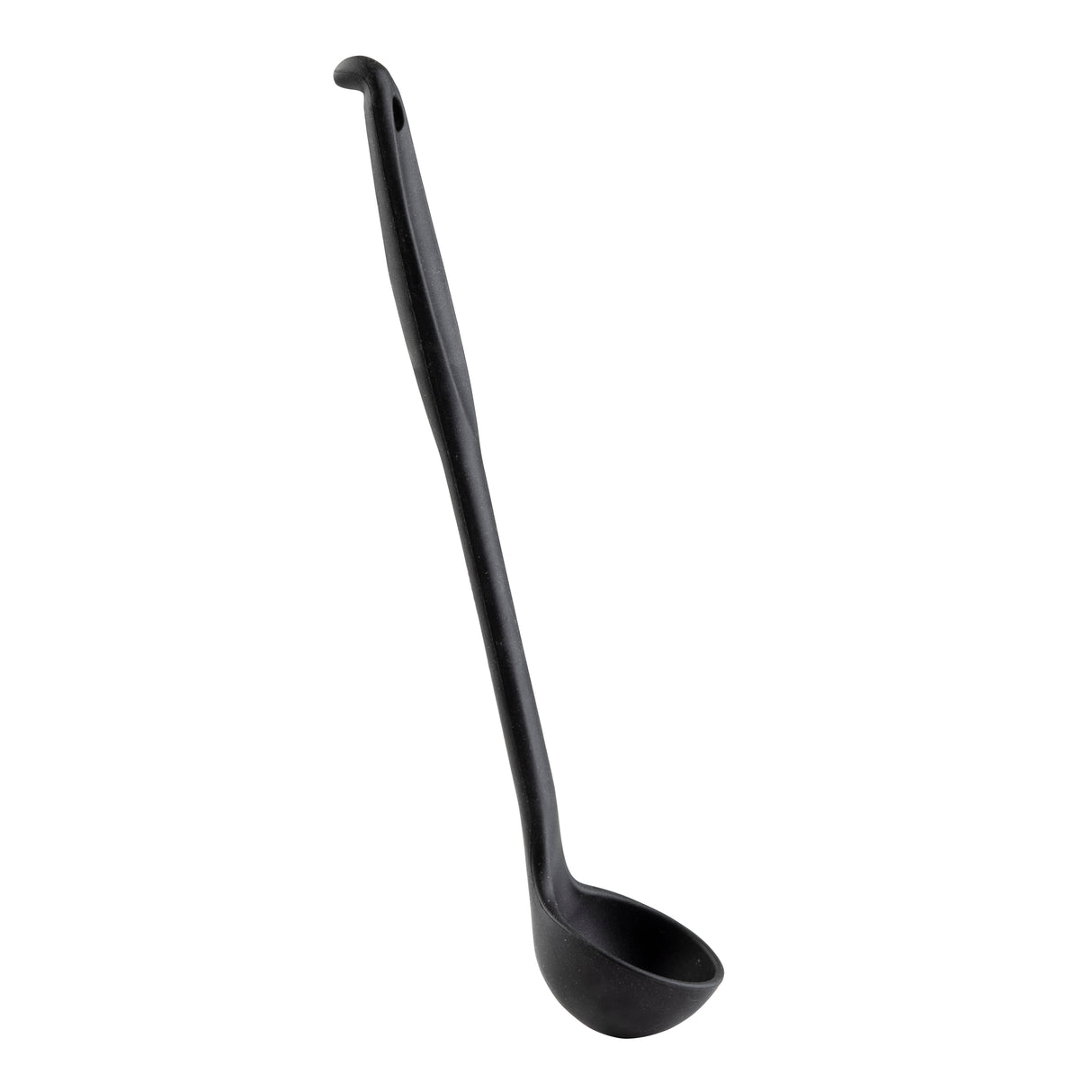 A black plastic ladle with a deep, round bowl and a long, slightly curved silicone handle featuring a small hook for hanging. The ladle is isolated on a white background.