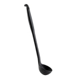 A black plastic ladle with a deep, round bowl and a long, slightly curved silicone handle featuring a small hook for hanging. The ladle is isolated on a white background.