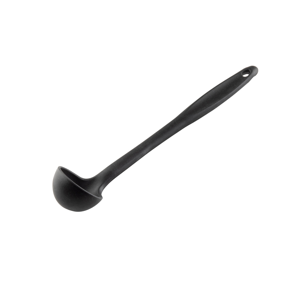 A black ladle with a deep, round bowl and a long stainless steel handle featuring a small hole at the end for hanging. The ladle is positioned diagonally on a white background.