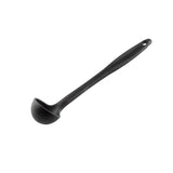 A black ladle with a deep, round bowl and a long stainless steel handle featuring a small hole at the end for hanging. The ladle is positioned diagonally on a white background.