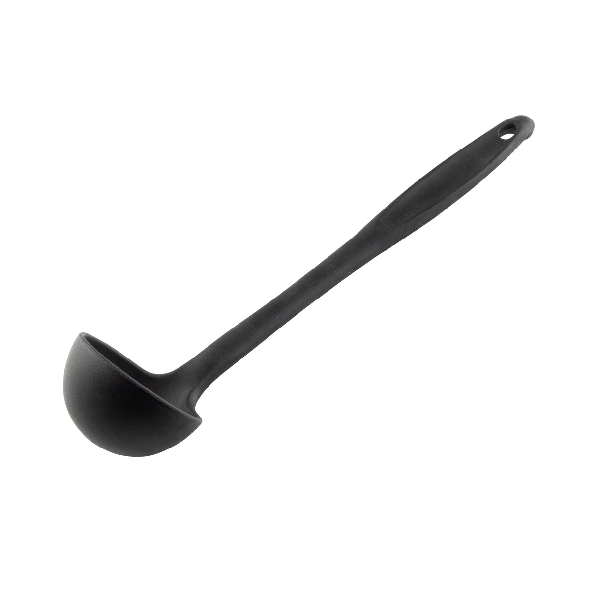A black plastic ladle with a deep, rounded bowl and a long silicone handle featuring a small hole at the end for hanging storage. The ladle is positioned diagonally on a white background.