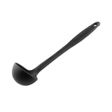 A black plastic ladle with a deep, rounded bowl and a long silicone handle featuring a small hole at the end for hanging storage. The ladle is positioned diagonally on a white background.