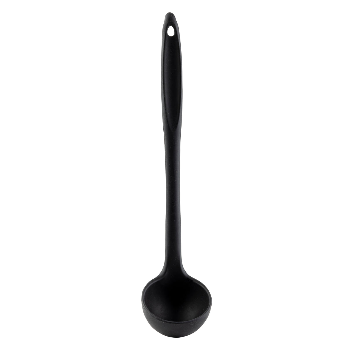 A black plastic ladle with a deep, round bowl and a long stainless steel handle featuring a small hole at the end for hanging, shown against a plain white background.