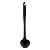 A black plastic ladle with a deep, round bowl and a long stainless steel handle featuring a small hole at the end for hanging, shown against a plain white background.
