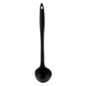 A black plastic ladle with a deep, round bowl and a long stainless steel handle featuring a small hole at the end for hanging, shown against a plain white background.