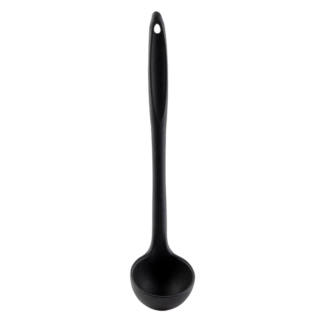 A black plastic ladle with a deep, round bowl and a long stainless steel handle featuring a small hole at the end for hanging, shown against a plain white background.
