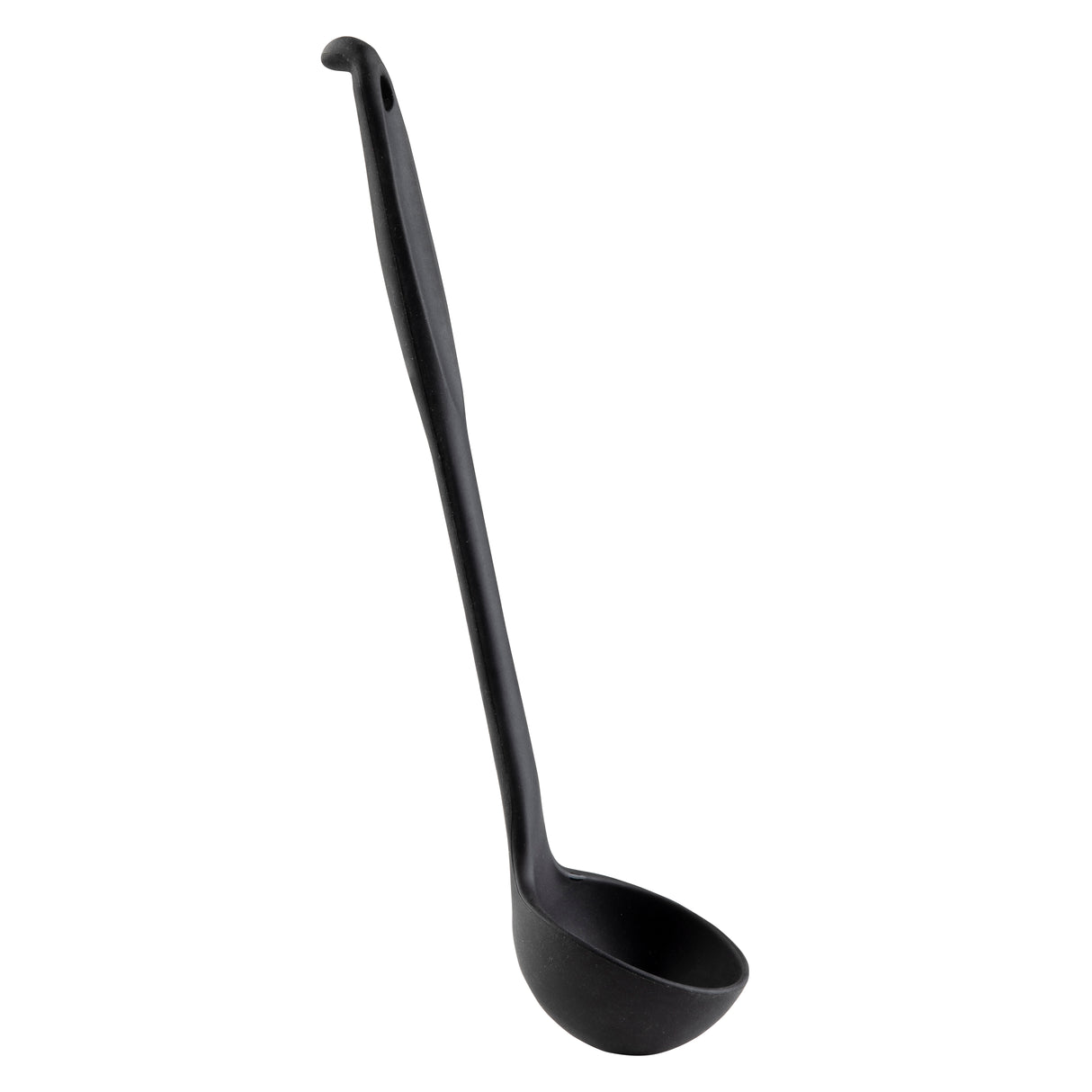 A black, plastic soup ladle with a deep, rounded bowl and a long, slightly curved silicone handle featuring a small hole at the end for hanging. The ladle is angled to show its side and handle against a plain white background.