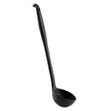 A black, plastic soup ladle with a deep, rounded bowl and a long, slightly curved silicone handle featuring a small hole at the end for hanging. The ladle is angled to show its side and handle against a plain white background.